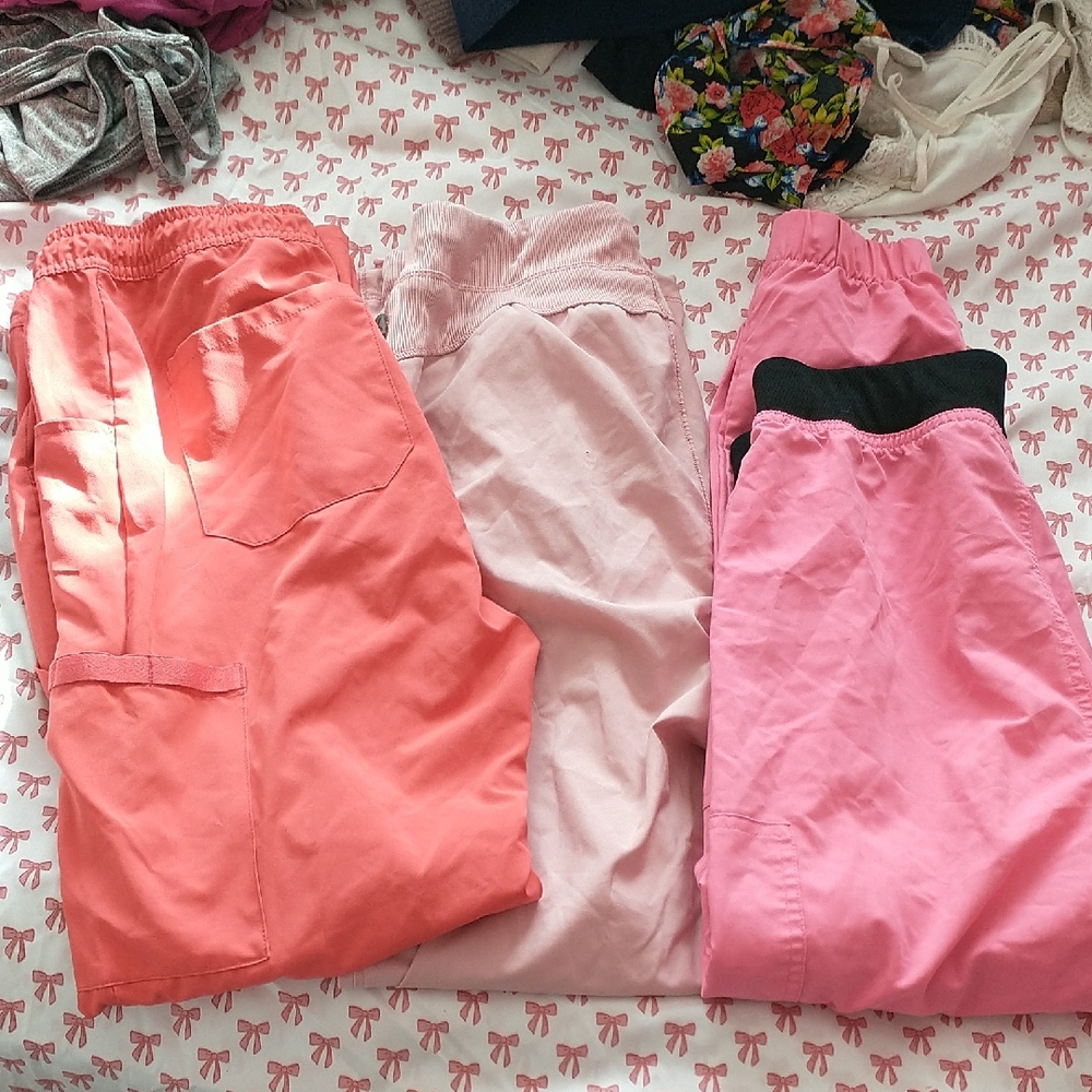 Set of Three Pink and Coral Pants Scrubs